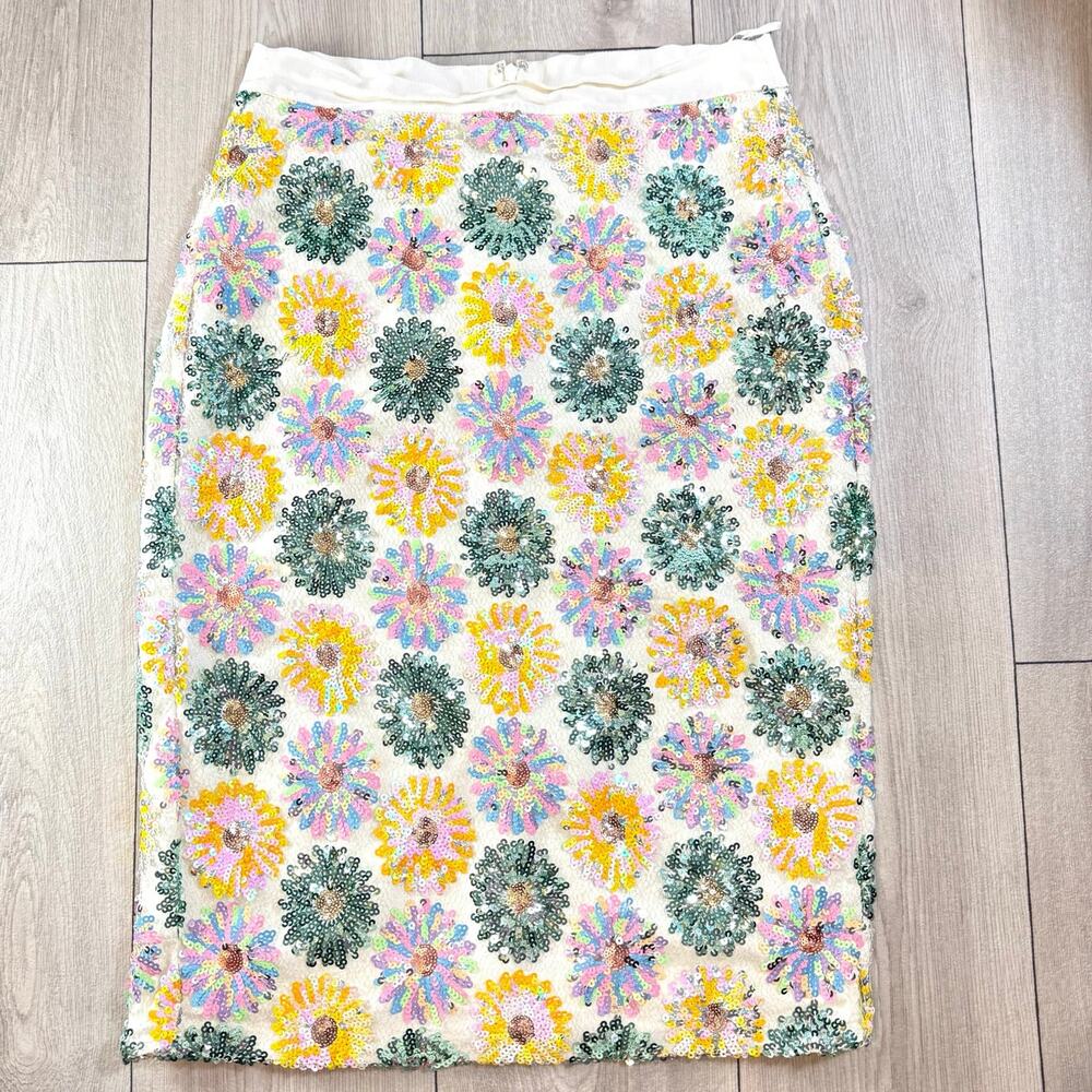J.Crew No.2 Sequin Floral Daisy Pink Teal Multi Pencil Skirt Women’s 8